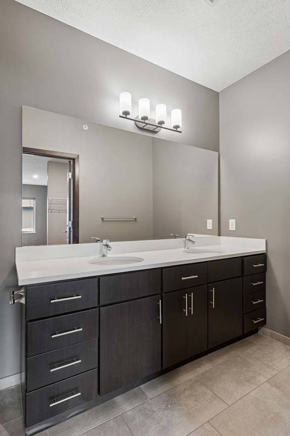 Double-sink bathroom vanity with dark cabinetry, a long white counter, oversized mirror, and four-light fixture above.