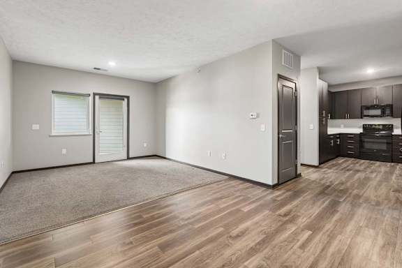 Open apartment layout flows from a carpeted living area into wood-look flooring and a dark-cabinet kitchen, with direct outdoor access.