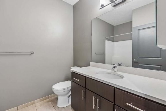 Modern apartment bathroom with a single-sink vanity, dark wood cabinetry, a large mirror, and neutral finishes.