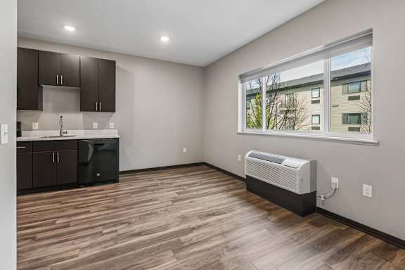 Studio apartment with wood-style flooring, a compact kitchen, a large window, and abundant natural light.