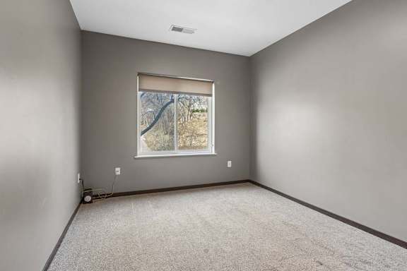 Bright apartment bedroom with soft carpeting, gray walls, and a large window providing natural light.