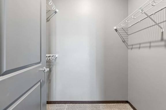 Walk-in apartment closet with carpeted flooring and built-in wire shelving for organized storage.