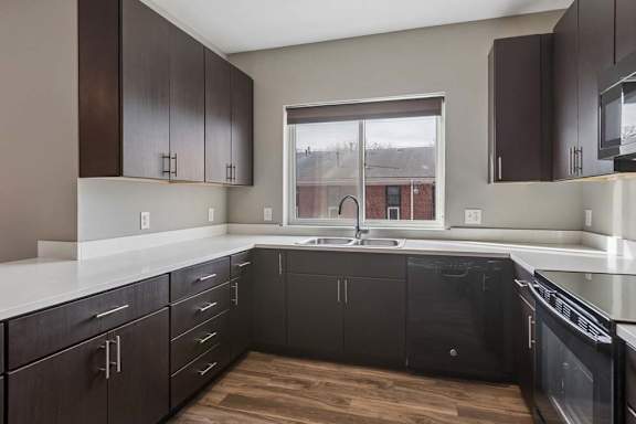 Contemporary apartment kitchen with dark wood cabinetry, quartz-style countertops, a large window, and an L-shaped layout.