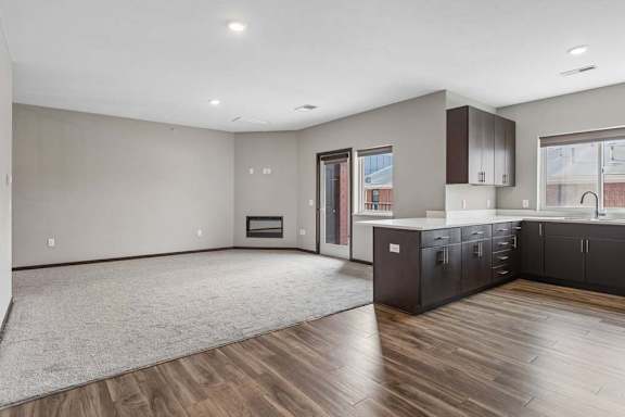 Open-concept apartment living area with plush carpeting, wood-style flooring, a modern kitchen, and a sliding glass door to a private patio.