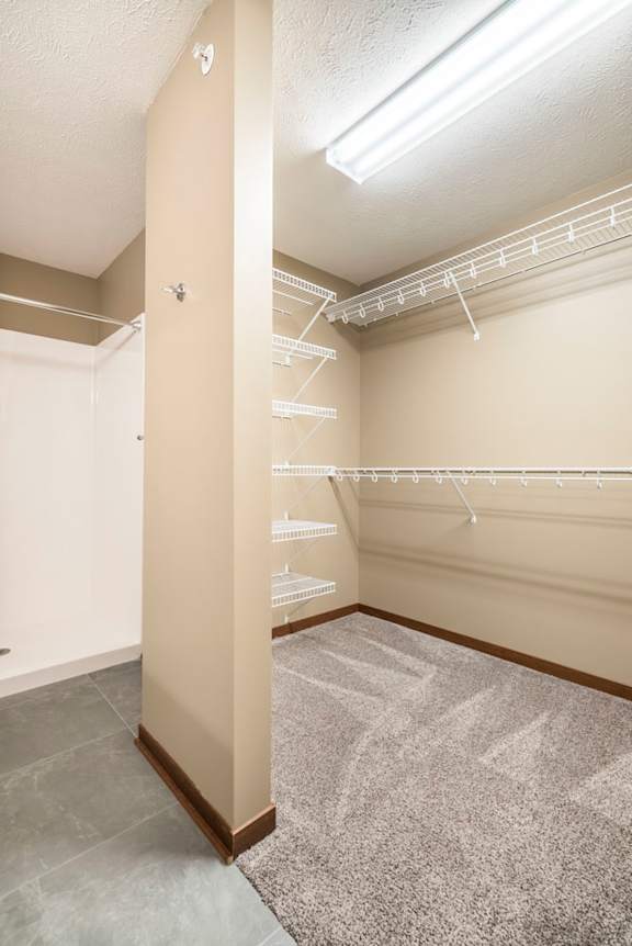 A walk-in closet with a carpeted floor and shelves.