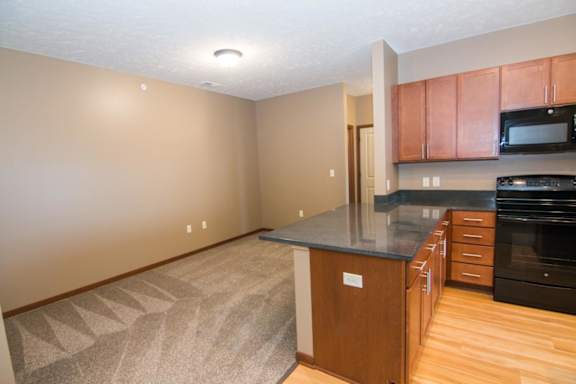 A kitchen with warm brown cabinets and a black countertop.