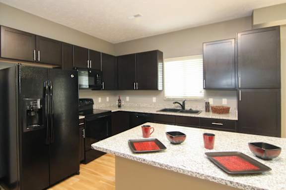 A kitchen with black cabinets and appliances