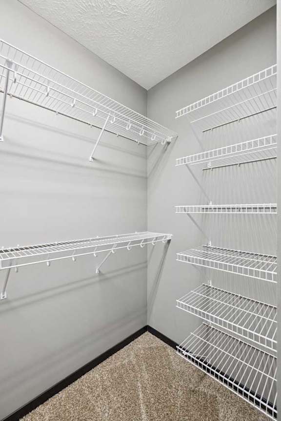 An oversized walk-in closet with wire shelves.