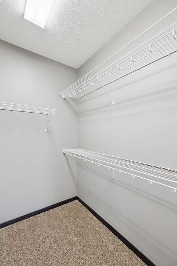 Empty walk-in closet with white walls and shelves.