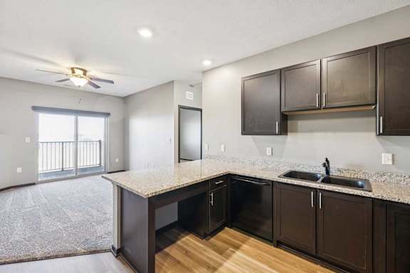 Kitchen with extended breakfast bar, double sink, dark cabinets, and open view into the carpeted living room and balcony.