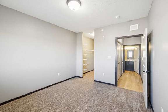 Bedroom with carpet and ceiling light, featuring an open closet and direct access to a bathroom with wood-style flooring.