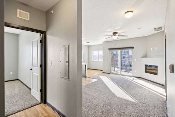 A modern open doorway leads to a living room with a fireplace.