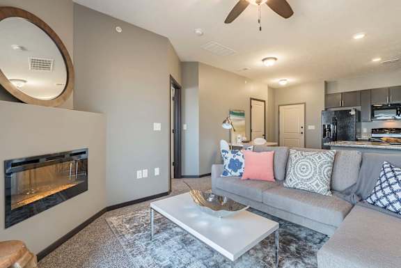a living room with a couch and a coffee table
