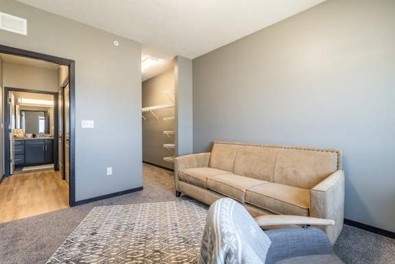 A room with a tan couch and a grey rug.