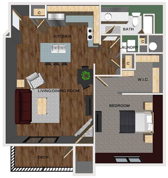 A floor plan of an apartment with a kitchen, living room, bedroom, and bathroom.