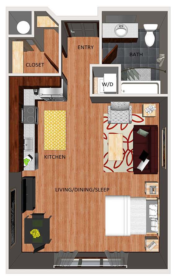 A floor plan of a studio apartment with a living room, kitchen, and bathroom.