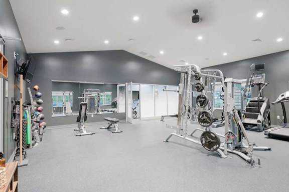 partment community fitness center with strength training equipment, free weights, and an open workout area with large windows.