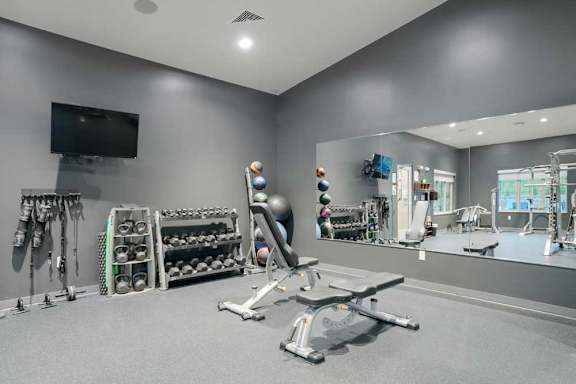 Community gym featuring free weights, adjustable bench, mirrored wall, and strength training equipment.