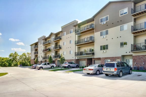 Exterior of apartment building and parking lot