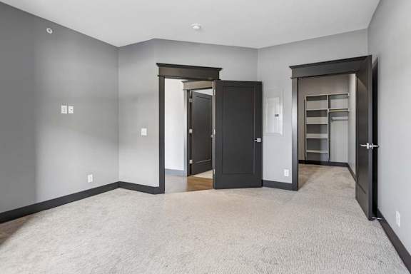 Carpeted apartment bedroom with gray walls, bold dark trim, and direct access to a walk-in closet with built-in shelving.