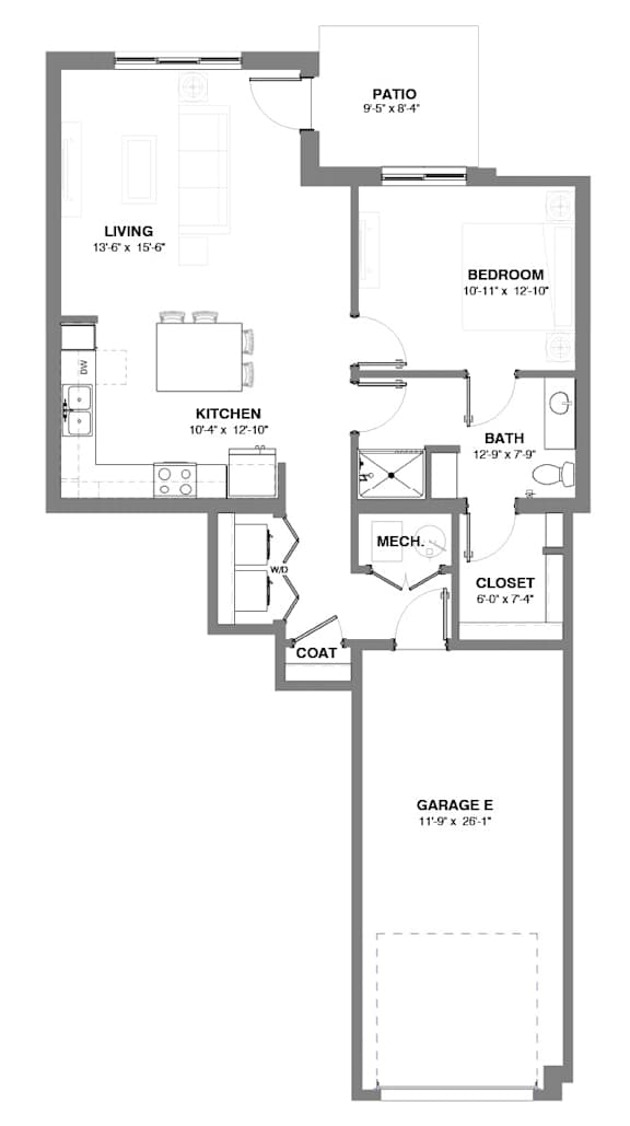 One-bedroom apartment layout with open living and kitchen area, island seating, full bathroom, in-unit laundry, private patio, and attached garage.