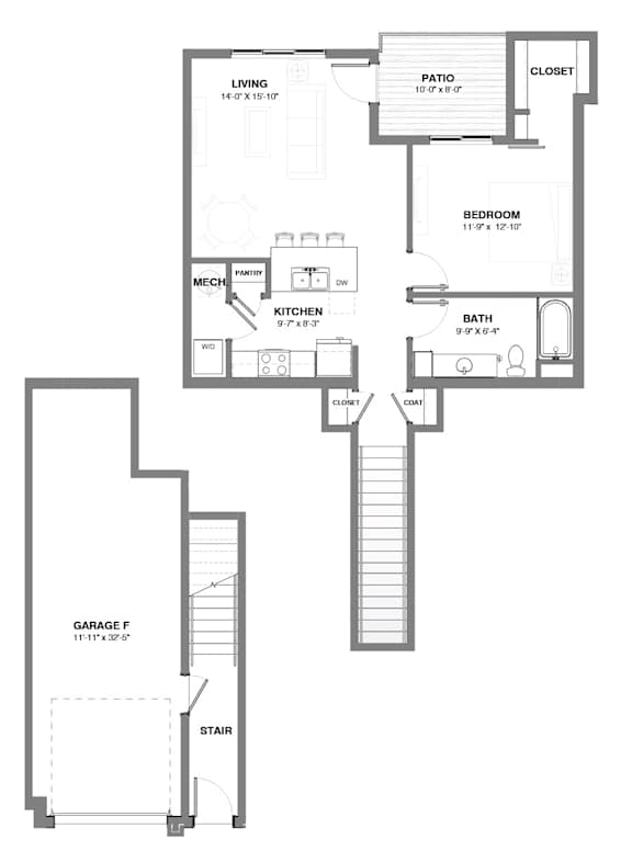 One-bedroom apartment floor plan featuring open living and kitchen space, pantry storage, full bath, private patio with adjacent closet, and attached garage.