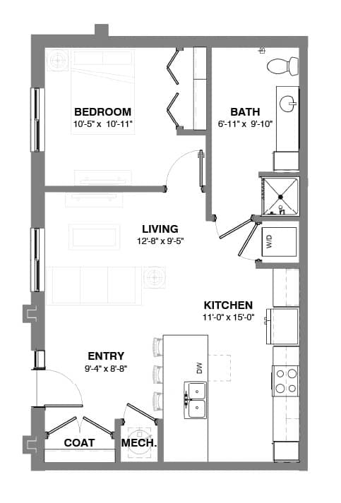 One-bedroom apartment layout with open living area, large kitchen with island, entry with coat closet, in-unit laundry, full bathroom, and separate bedroom with closet.