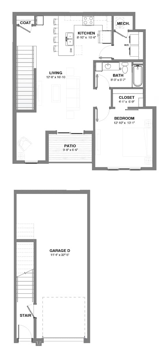 One-bedroom apartment floor plan with open living area, kitchen with island seating, in-unit laundry, full bath, private patio, and attached garage below.