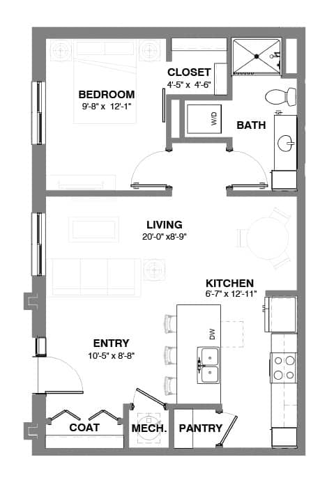 One-bedroom apartment layout with open living and kitchen area, island seating, entry with coat closet, full bathroom, in-unit laundry, and bedroom with adjacent closet.