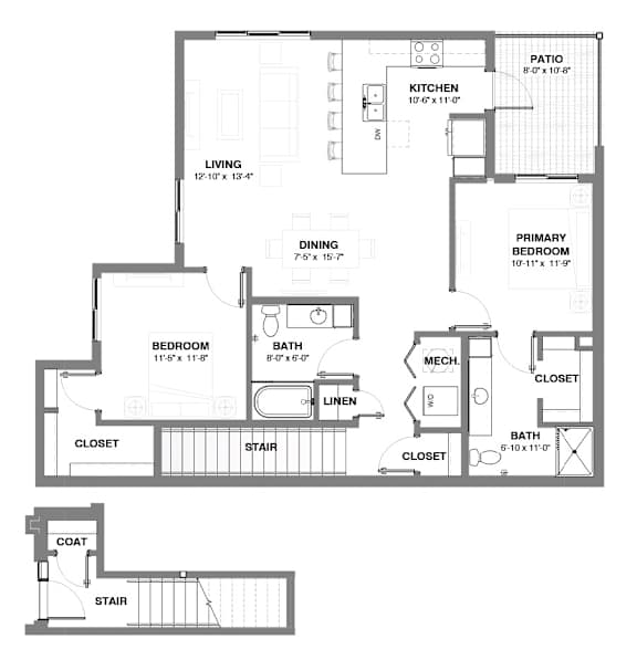 Two-bedroom apartment floor plan with an open living and dining area, kitchen with island seating, two bathrooms, in-unit laundry, and a private patio off the kitchen.