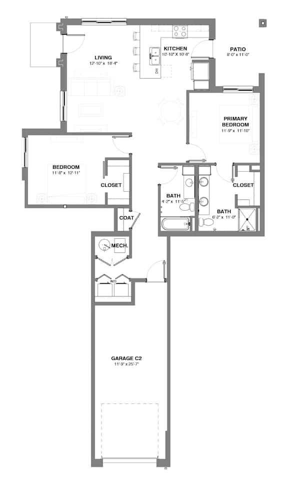 Two-bedroom apartment layout featuring an open-concept living room and kitchen with island, two bathrooms, in-unit laundry, a patio off the primary bedroom, and an attached garage.