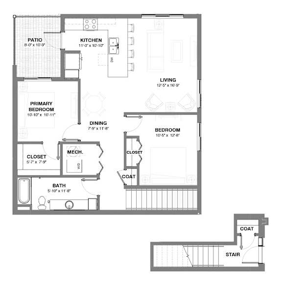 Two-bedroom apartment floor plan with open living and dining space, central kitchen with island, one full bathroom, in-unit laundry, and a patio off the kitchen.