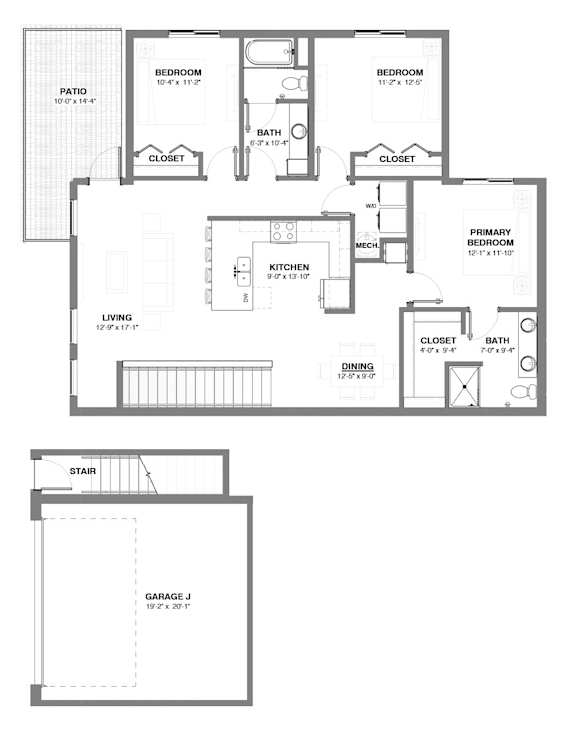 Three-bedroom apartment floor plan featuring open living and dining area, central kitchen with island, two bathrooms, in-unit laundry, large patio, and attached garage below.