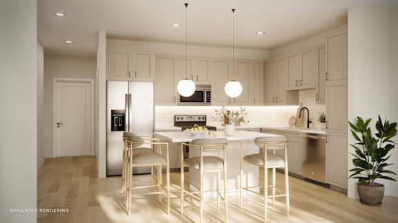 Rendering of bright townhome apartment kitchen with light cabinetry, stainless steel appliances, center island, and pendant lighting.
