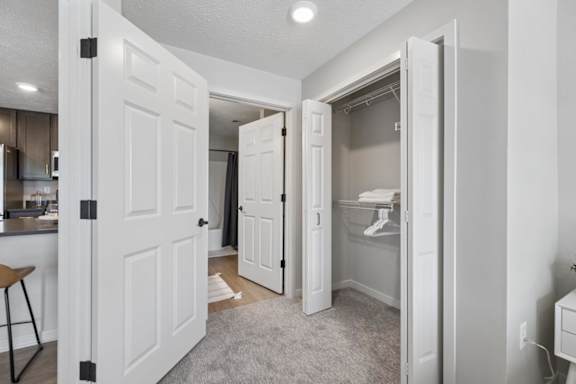 Apartment bedroom with walk.-in closet, neutral carpeting, and open floor plan