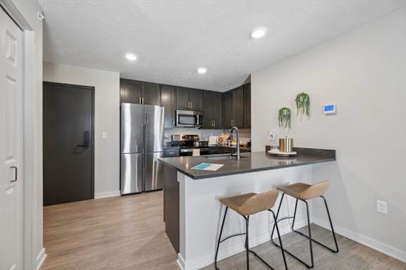 Apartment kitchen with island barstool seating, stainless steel appliances, and dark cabinetry.