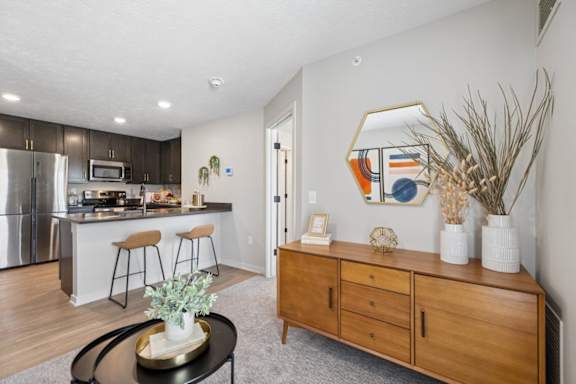 Open-concept apartment living area with a kitchen island, bar seating, stainless steel appliances, and modern furnishings.