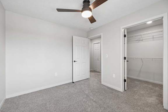 Apartment bedroom with neutral carpeting, ceiling fan, and open walk-in closet with built-in shelving.