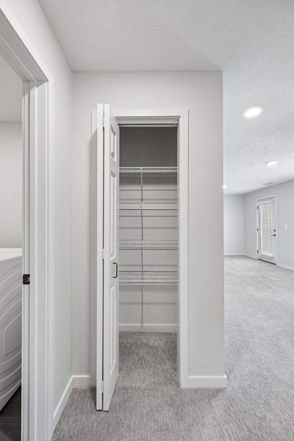 Apartment hallway with linen closet, built-in wire shelving, and neutral carpeting.