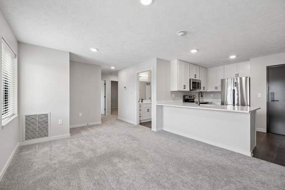 Open apartment living area with neutral carpeting, breakfast bar, and kitchen with stainless steel appliances.