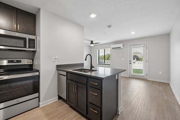 Open-concept apartment kitchen with dark cabinetry, stainless steel appliances, a center island with sink, and a spacious living area with a glass patio door.
