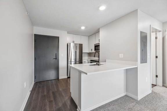 Apartment kitchen with peninsula seating, stainless steel appliances, and dark wood-style flooring.