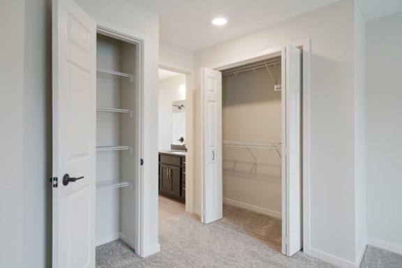 A double door closet and linen closet in the primary bedroom