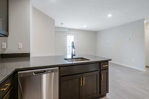 A kitchen peninsula with stainless steel dishwasher and sink