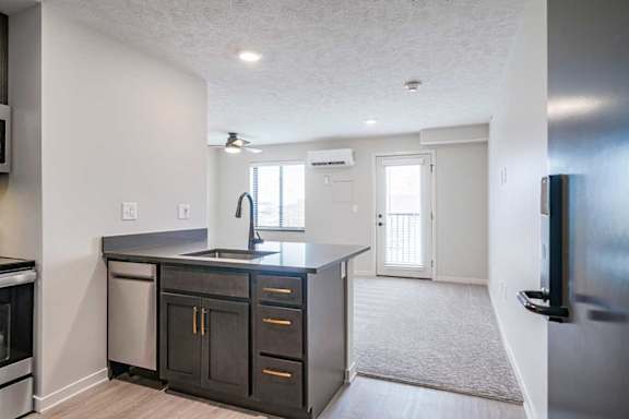 the main room seen behind the kitchen peninsula countertop