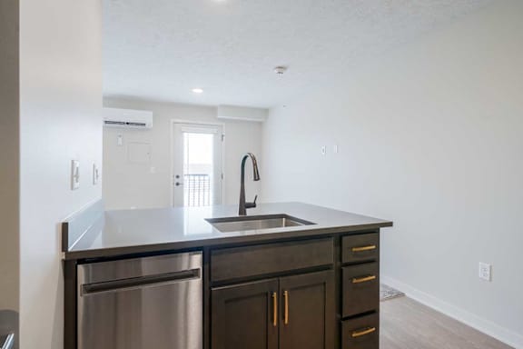 a kitchen peninsula countertop with a sink and dishwasher