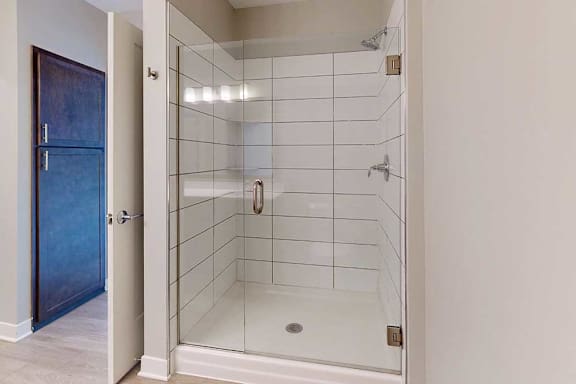 A bathroom with a tiled walk-in shower with a glass door.