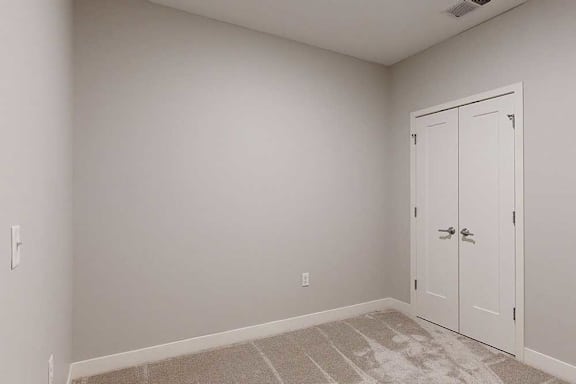 A carpeted den space with a double-door closet.