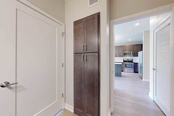 A bathroom with a a door open to the living room, and a closed linen storage cabinet.