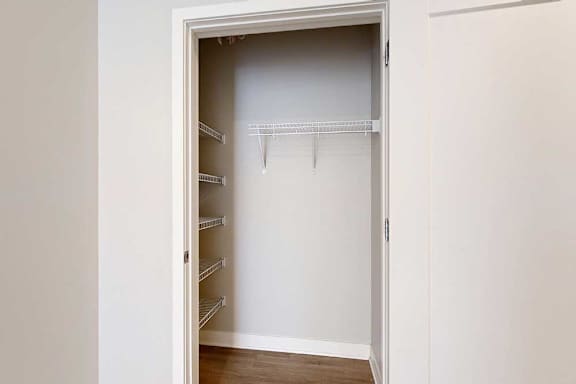 An oversized walk-in closet with several built-in wire shelves.